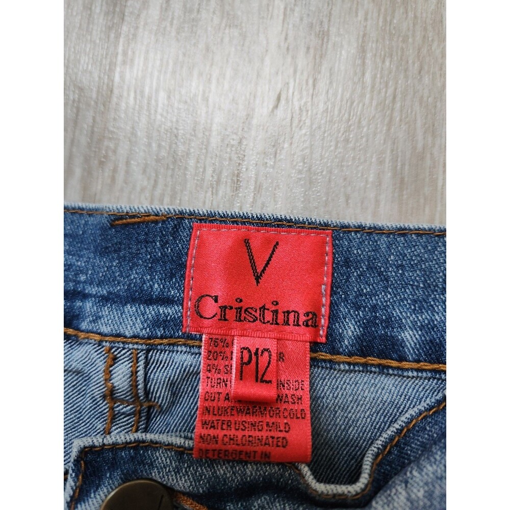 V Cristina High Rise Med Wash Beaded Capri Jeans Boho Petite Womens P12 GUC - Picture 4 of 11